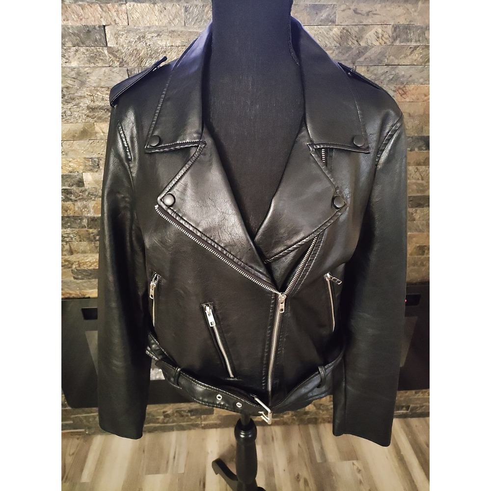 Adam Levine Black Faux Leather Motorcycle Biker Jacket With Belt Size XLarge